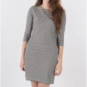 Betabrand 30 Day Travel Knit Dress Size Small Gray Striped Ruched 3/4 Sleeve